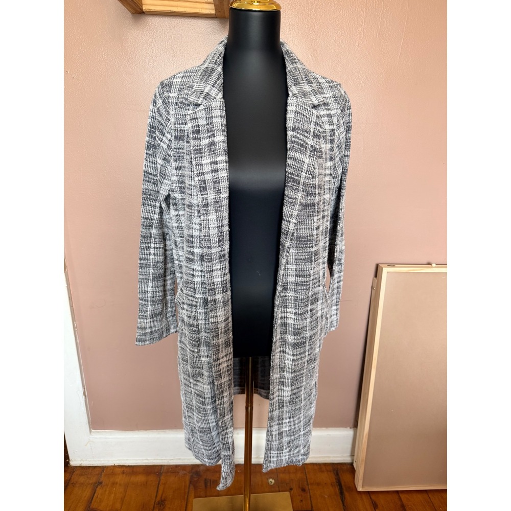Melloday Tweed Look Open Front Duster Cardigan Gray Plaid Women's Small Long